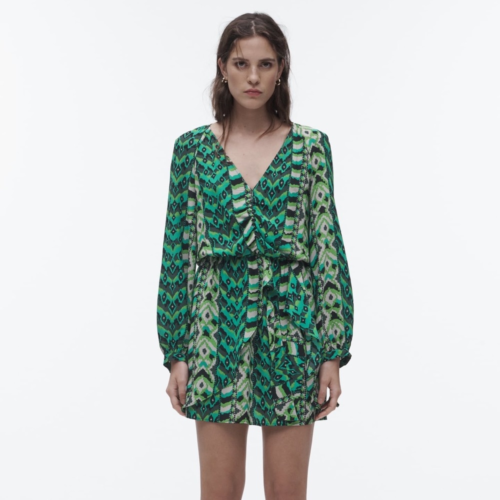 Zara black and green printed short dress sz l NWT